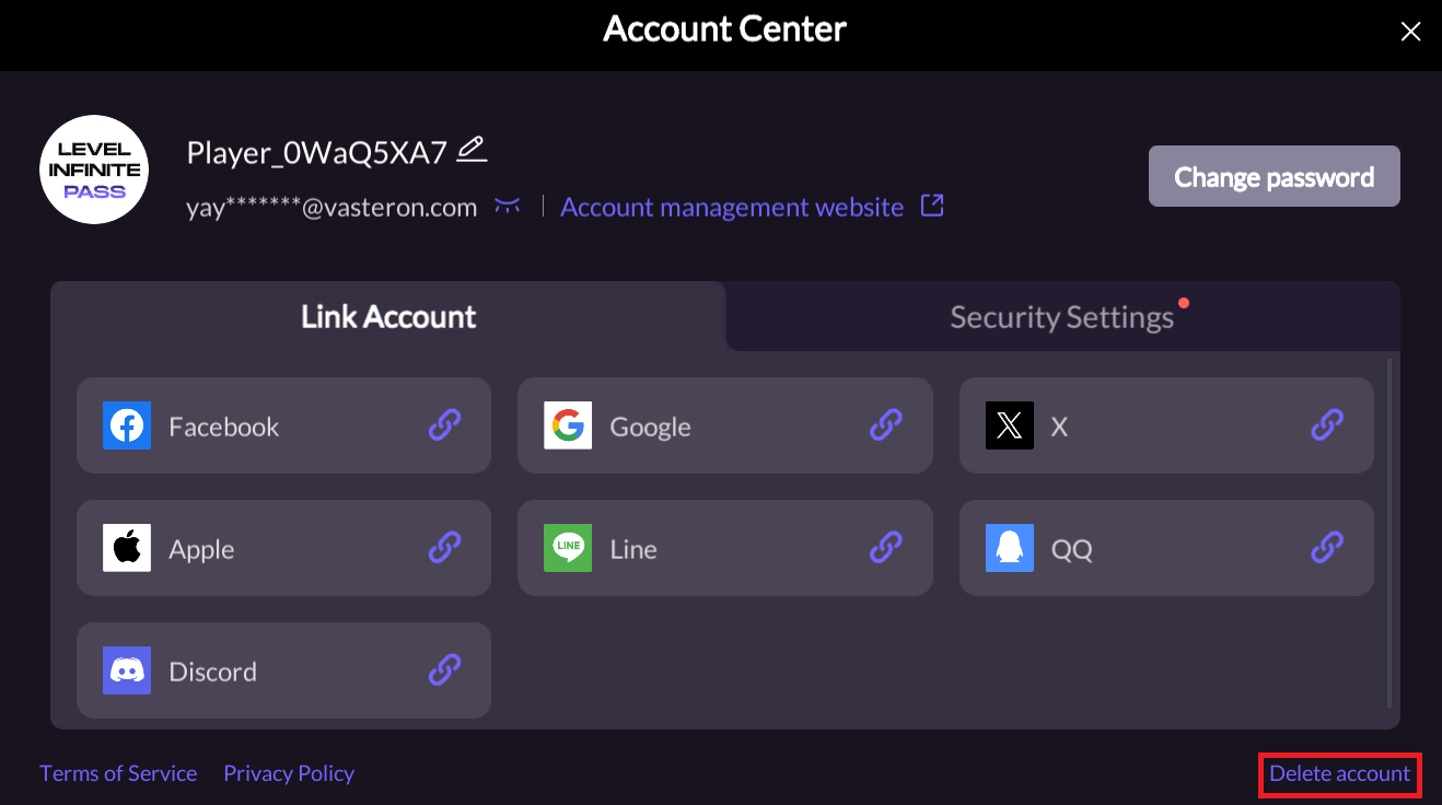 Image: LI PASS account center interface with Delete Account button