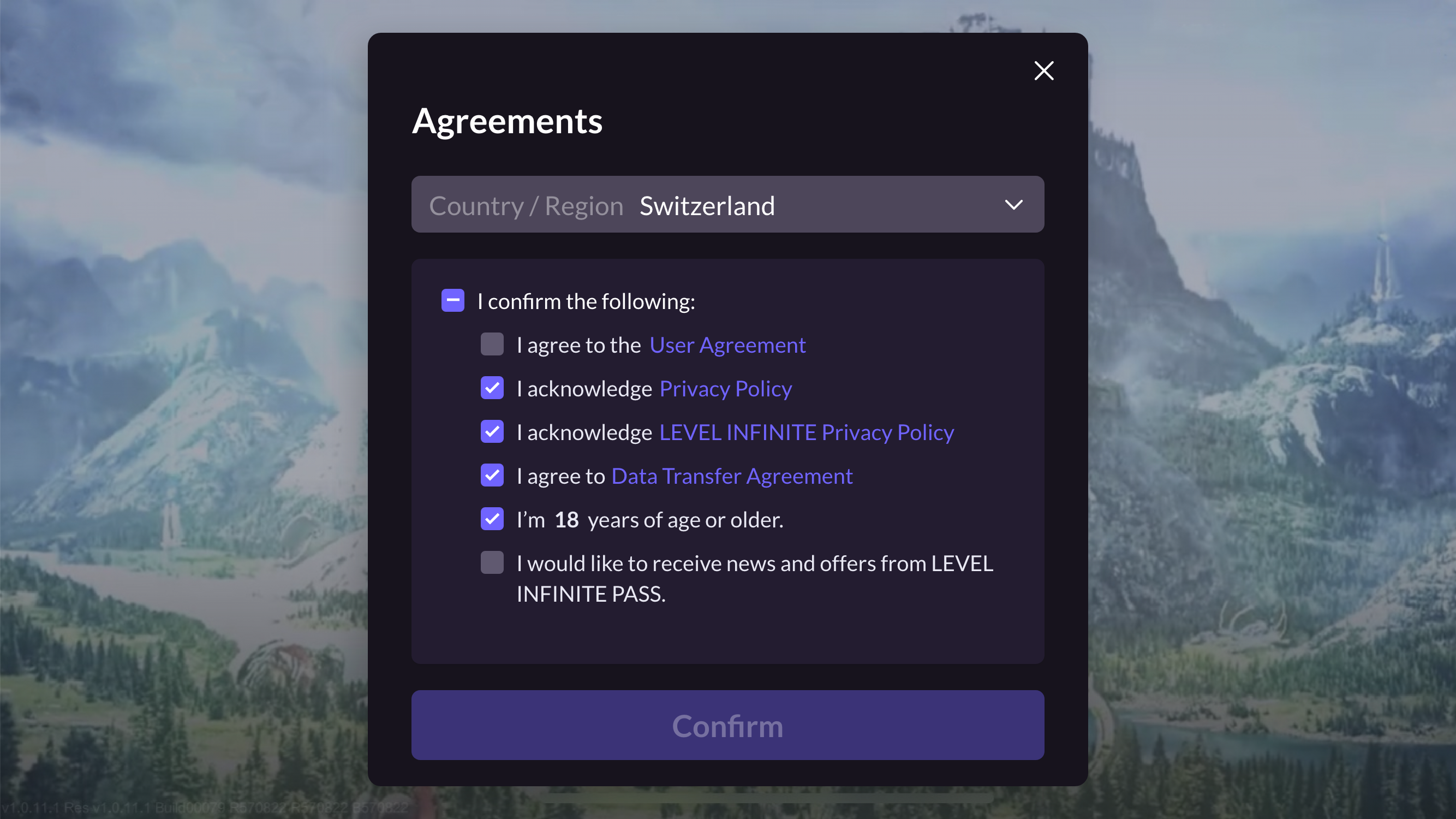 Image：Country selection and agreement confirmation