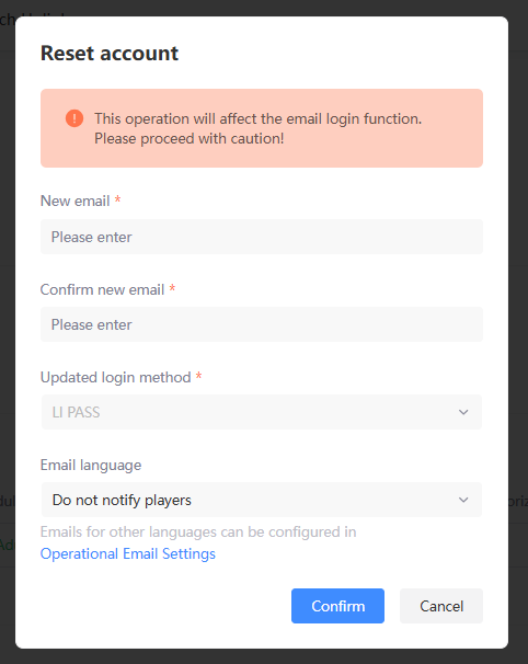 Reset account popup