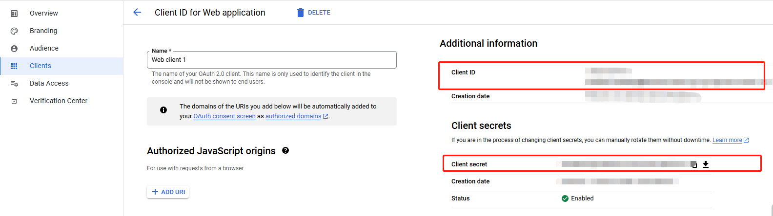 图片：Google Web Client ID and Secret